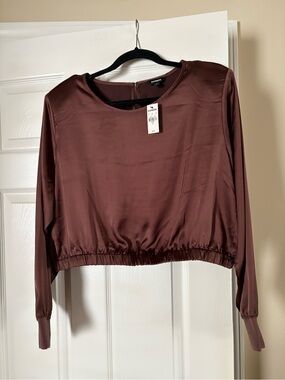 Express Satin Long-Sleeve Crop Top in Chocolate Brown